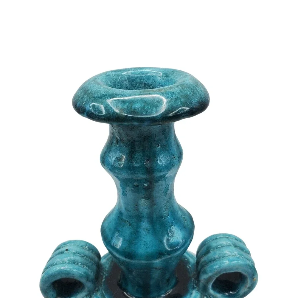 Turquoise Art Pottery Vase Ceramic Double Handle Ribbed Boho Decor Candlestick